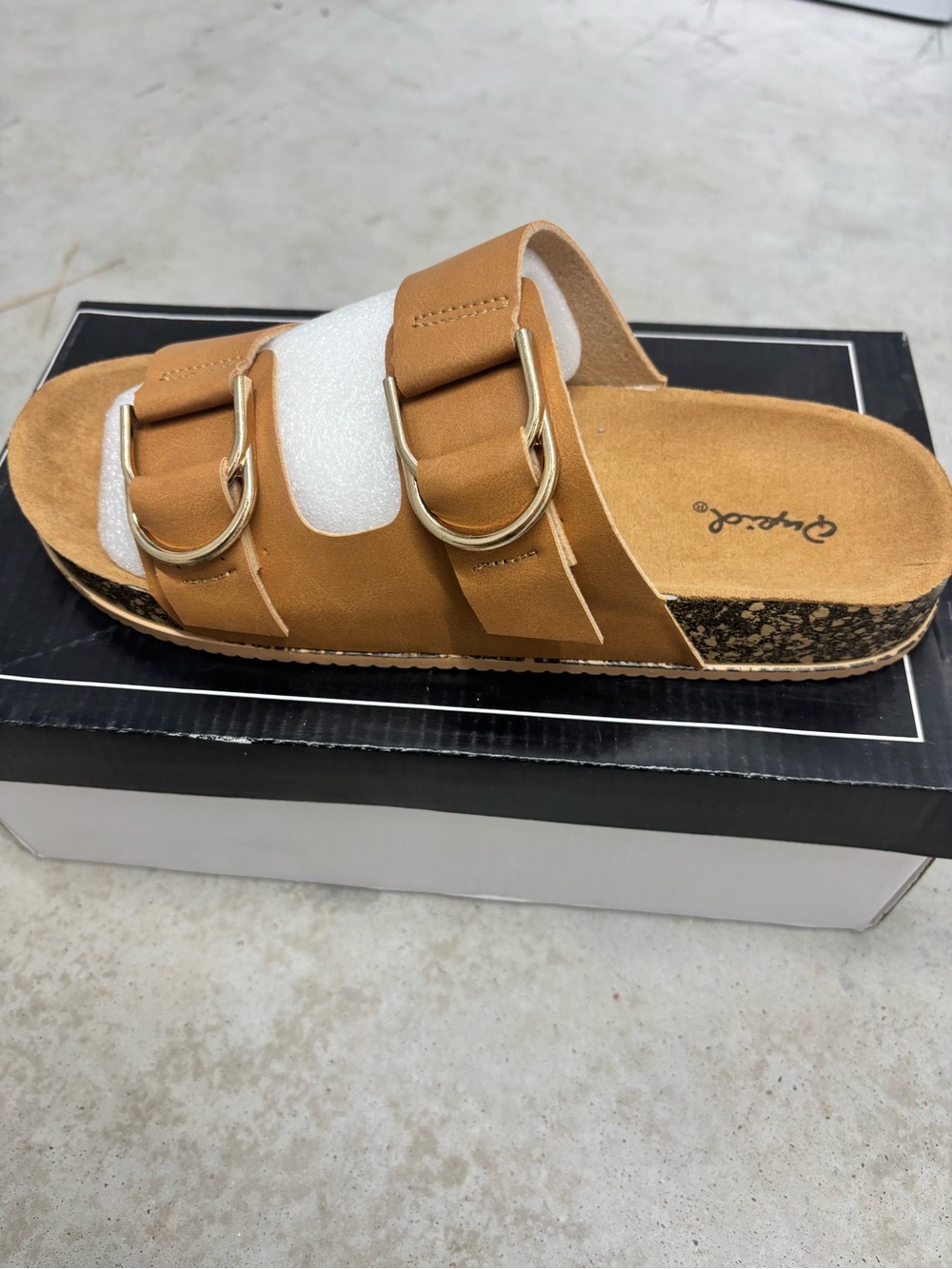 Qupid Tan Double-Strap Slide Sandal with Gold Buckles